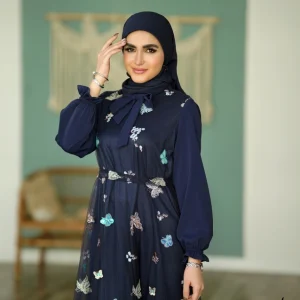 پیراهن مبینا سرمه ای طرح پروانه